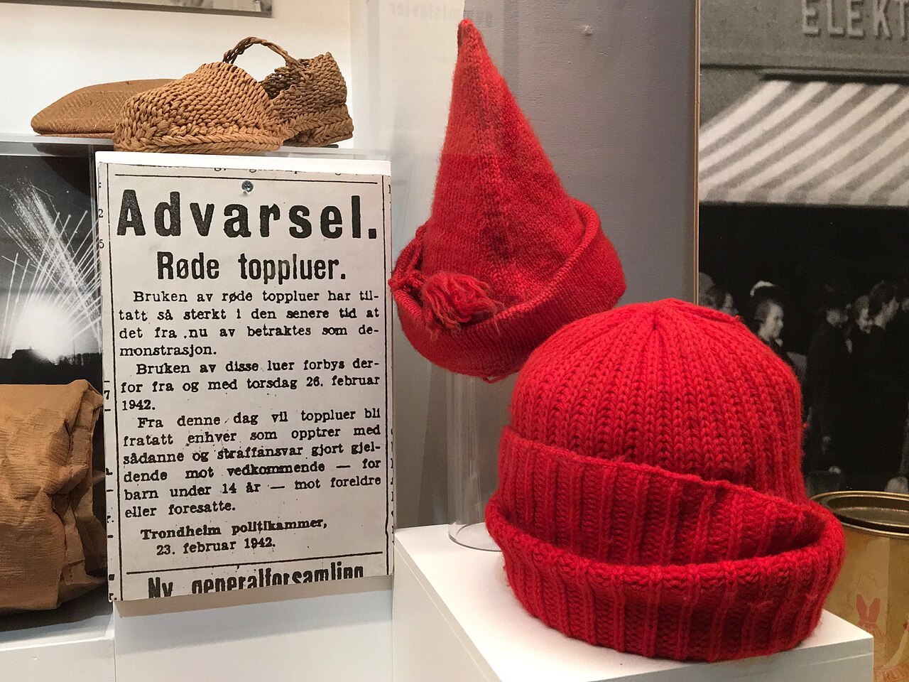 Fig. 3. Norway's WW2 Resistance Museum Oslo Hjemmefrontmuseet. The Austerity of Occupation red woollen caps, outlawed in 1942 as symbols of national unity against NAZI occupation.