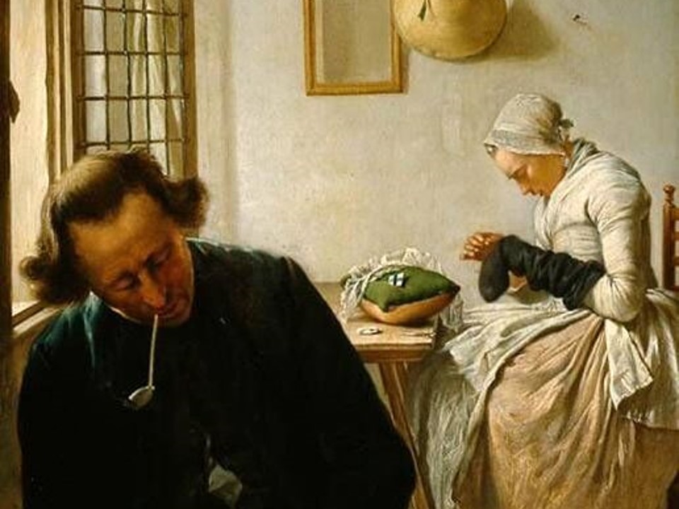 Every man's dream of domestic bliss: Man smoking his pipe (while dozing), woman darning (his?) socks. Painting by Wybrand Hendriks (d.1831), Frans Halsmuseum, Haarlem.