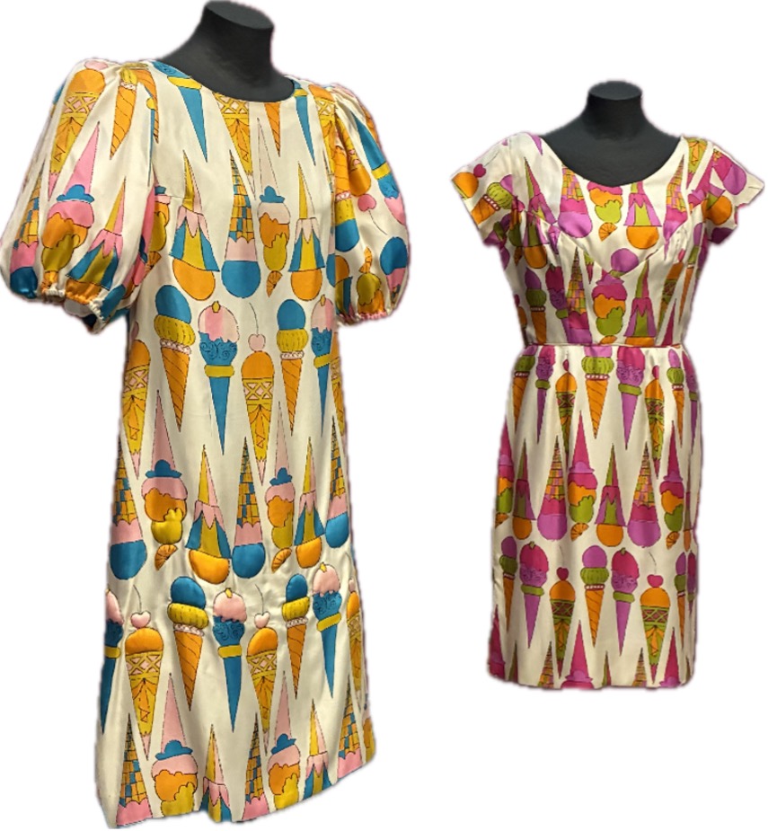 “Ice Cream Cones”. Printed silk, circa 1962-1963. (L) Maker unknown; (R) By Castelli.