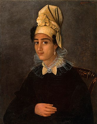 Painting of Creole woman in tignon, with lace collar and jewellery. From the Historic New Orleans Collection.