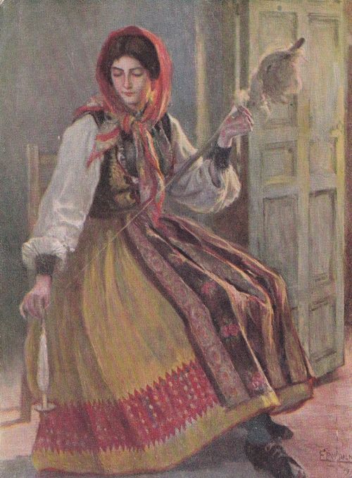 A postcard from early 19th century Spain, showing a woman handspinning with a distaff and a drop spindle,TRC.2020.4383