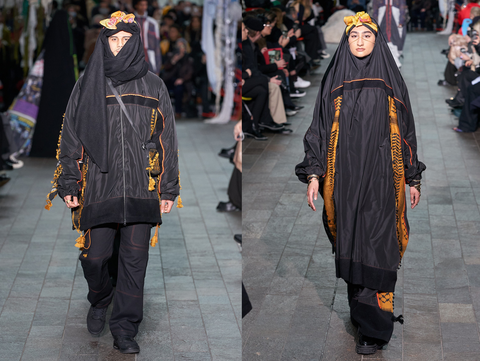 Two models showing part of Kazna Asker's collection during London Fashion Week (18-22 February).