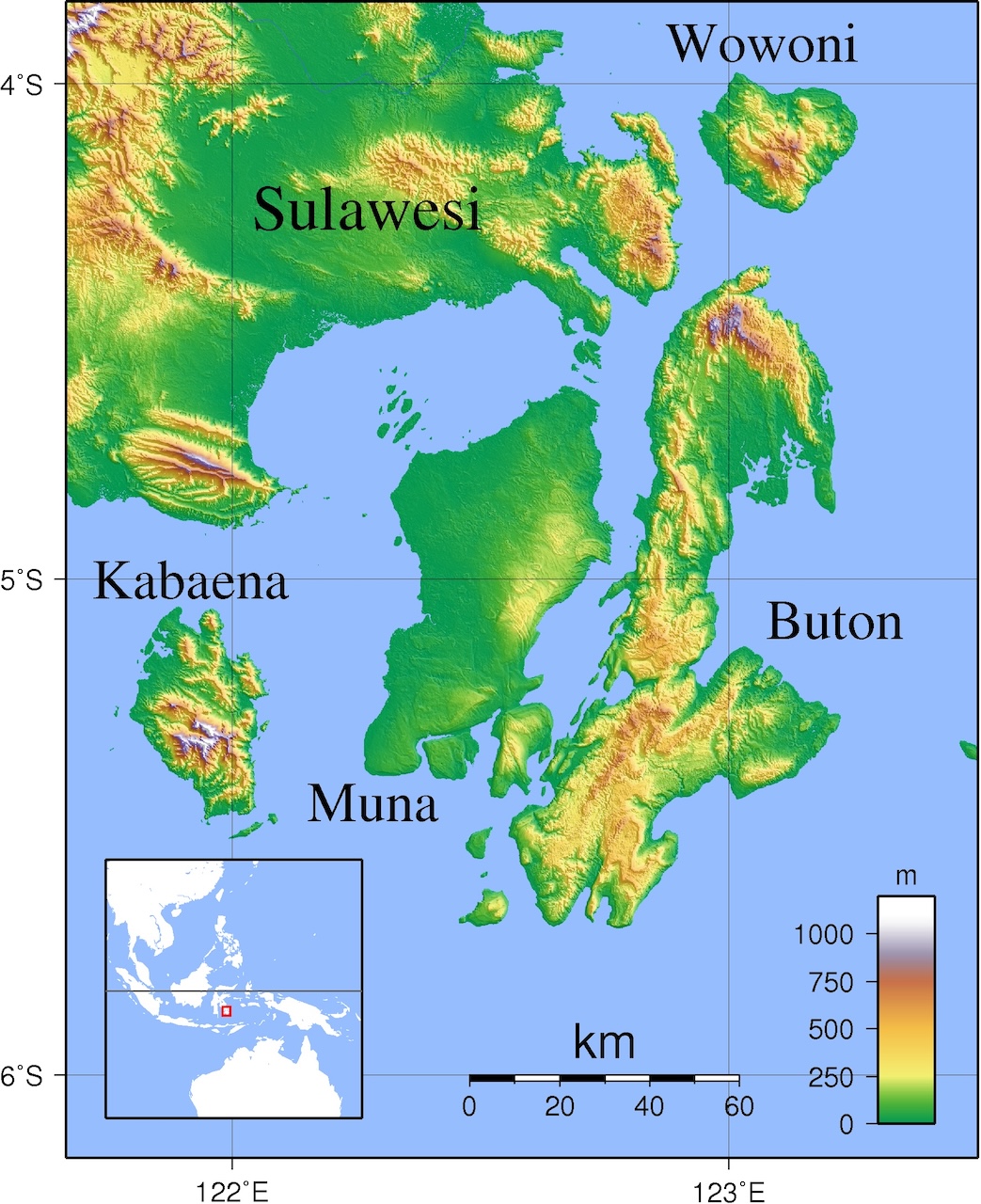 Map of Buton Island, Sulawesi, Indonesia.