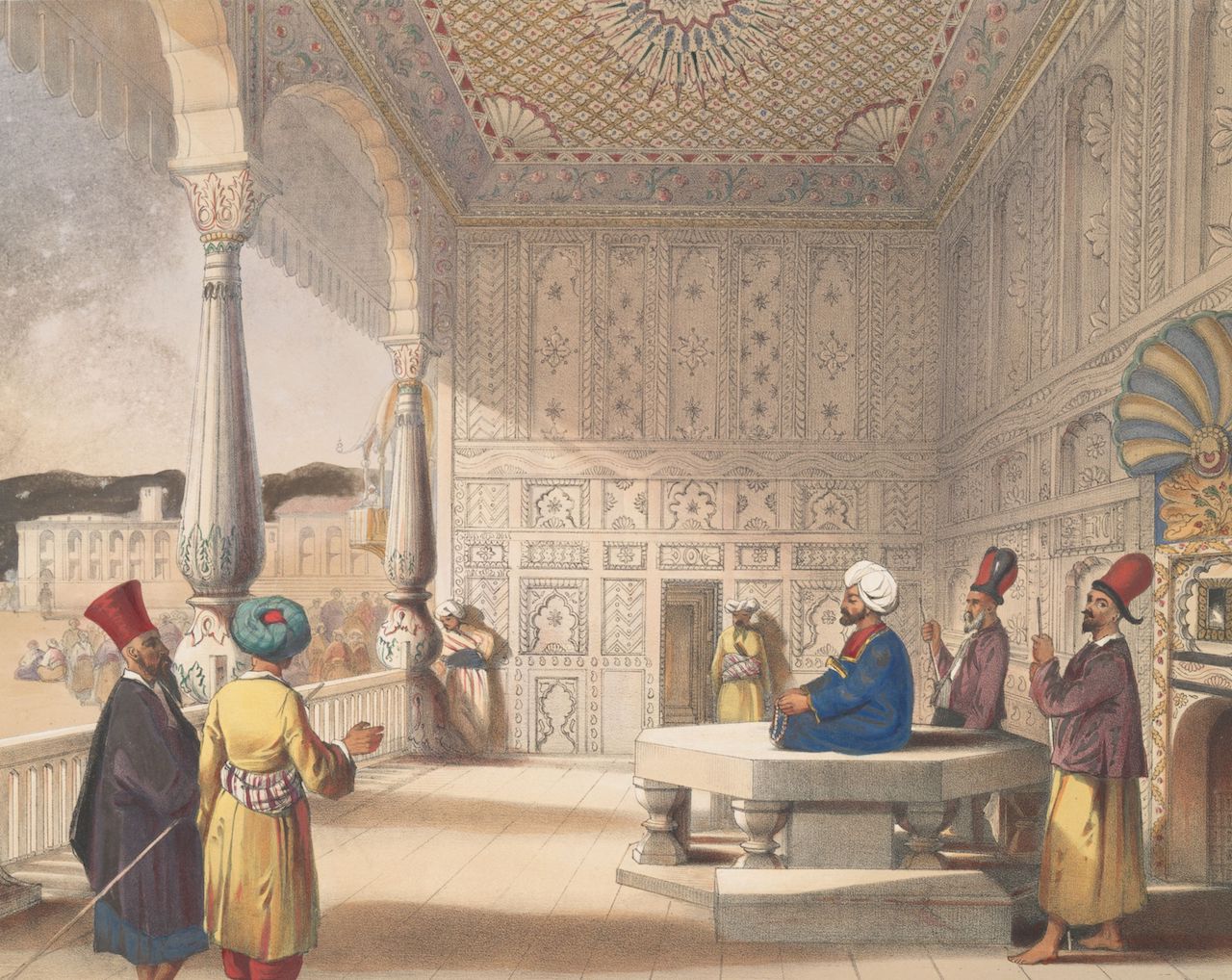 Fig. 3. Coloured lithograph INTERIOR OF THE PALACE OF SHAUH  SHUJAH OOL MOOLK, LATE KING OF CABUL, based on the work of James Rattray, from late 1842 (TRC 2025.1051). Schinasi Family donation.