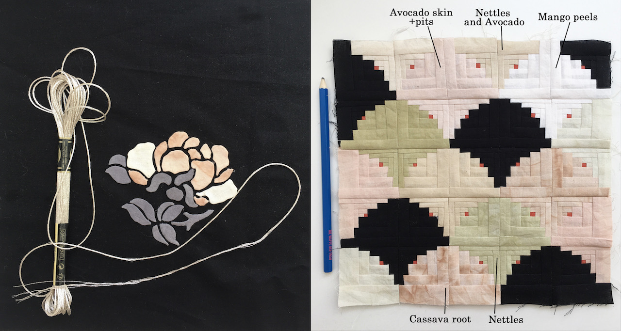 Left: Prepared appliqué pieces and silver thread for couching. Right: Pieced top for mini quilt made with dyed fabrics and two solids. 