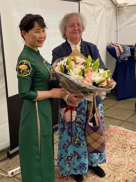 Mrs Le Thi Hien Anh, wife of the ambassador of Vietnam, with the author, 3 May 2023. Photograph by Rebecca Hix.