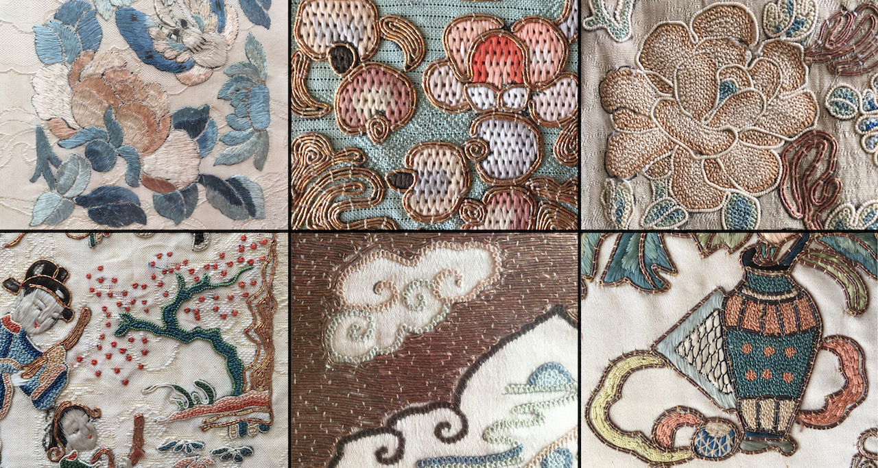 A variety of stitches and thread types used in garments from the 19th and early 20th century that survived only as scraps.